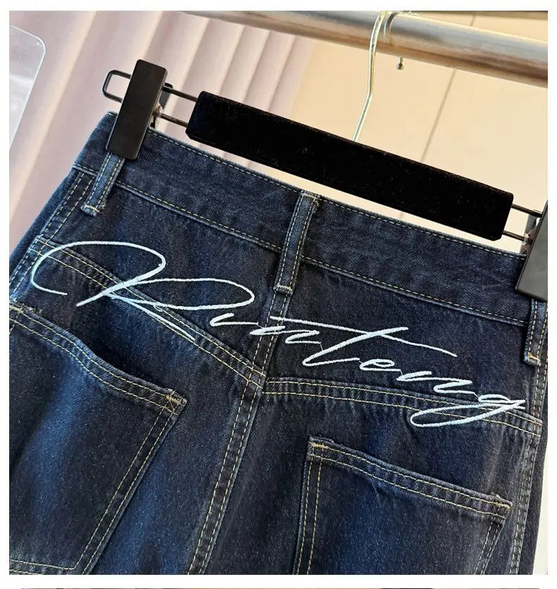 Y2K Fashion Letter Embroidery Jeans Vintage Dark Blue Baggy Pants Women Clothing New Rock Wide Leg Lady Denim Trousers