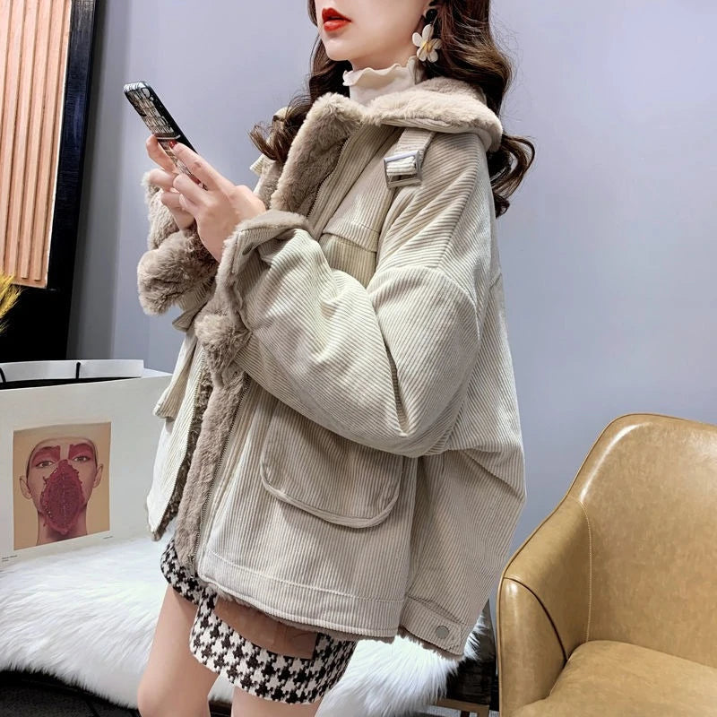 Women's Autumn Winter Casual Parkas Versatile Loose Short Thickened Warm Corduroy Cotton Clothes Trend Lamb Wool Tooling Jacket