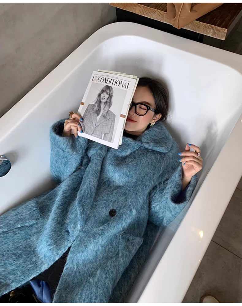 Lautaro Winter Long Blue Fluffy Oversized Warm Wool & blends Coat for Women Single Button Pockets Luxury Clothes Woolen Overcoat