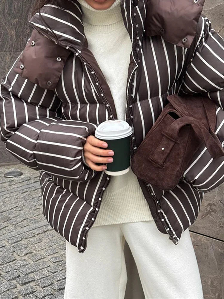 Casual Striped Short Cotton Overcoat Women Long Puff Sleeve Zipper Stand Collar Coat 2025 Autumn Winter Thick Warm Lady Outwear