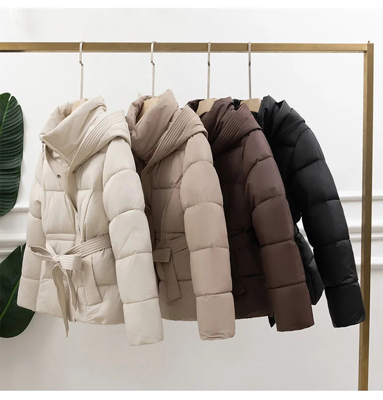 ort Padded Cotton Jaet Women Thiened Winter Coat with Hoodie Slimming Design Waist-Cinching Trendy Outerwear