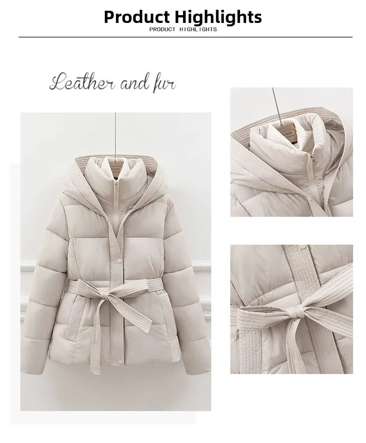 ort Padded Cotton Jaet Women Thiened Winter Coat with Hoodie Slimming Design Waist-Cinching Trendy Outerwear