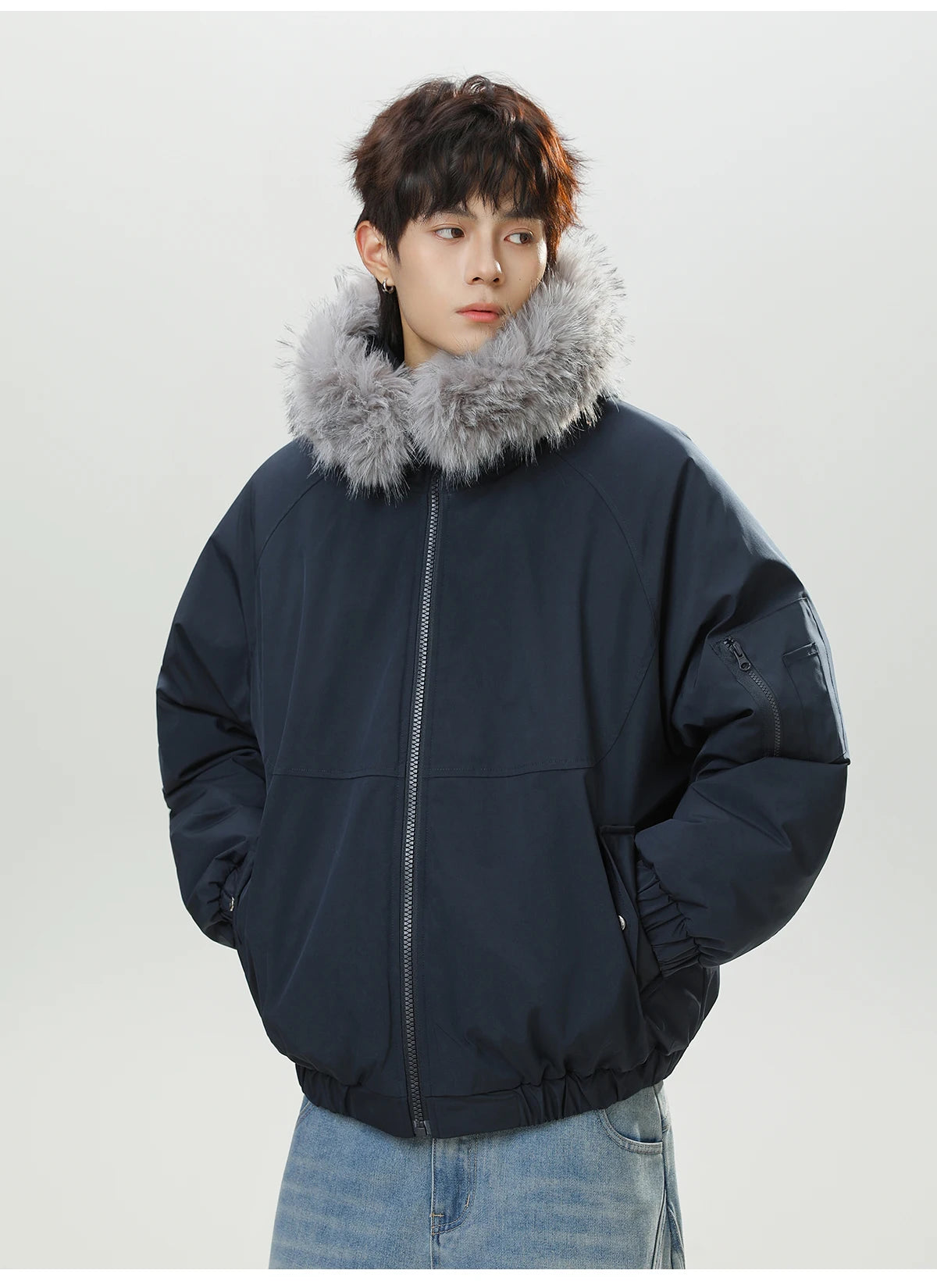 HANGRY 2025 Men's Detachable Fur Hood Parka Short Box Quilted Jacket Water-Resistant Workwear Winter Coat Thermal Insulated