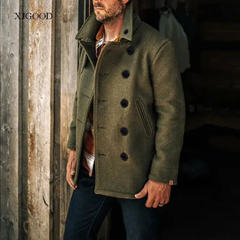 Men's Pure Color Woolen Coat with Buttoned Collar ort Sve V-Ne Outerwear for Young Men in Autumn Season