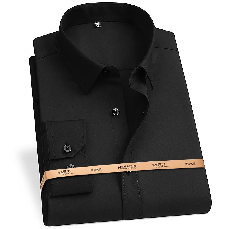 8XL Superfine Denier Bamboo Fiber Micro Elastic Formal Shirts for Men Plus Large Size Casual Slim Fit Long Sleeve Shirts for Men