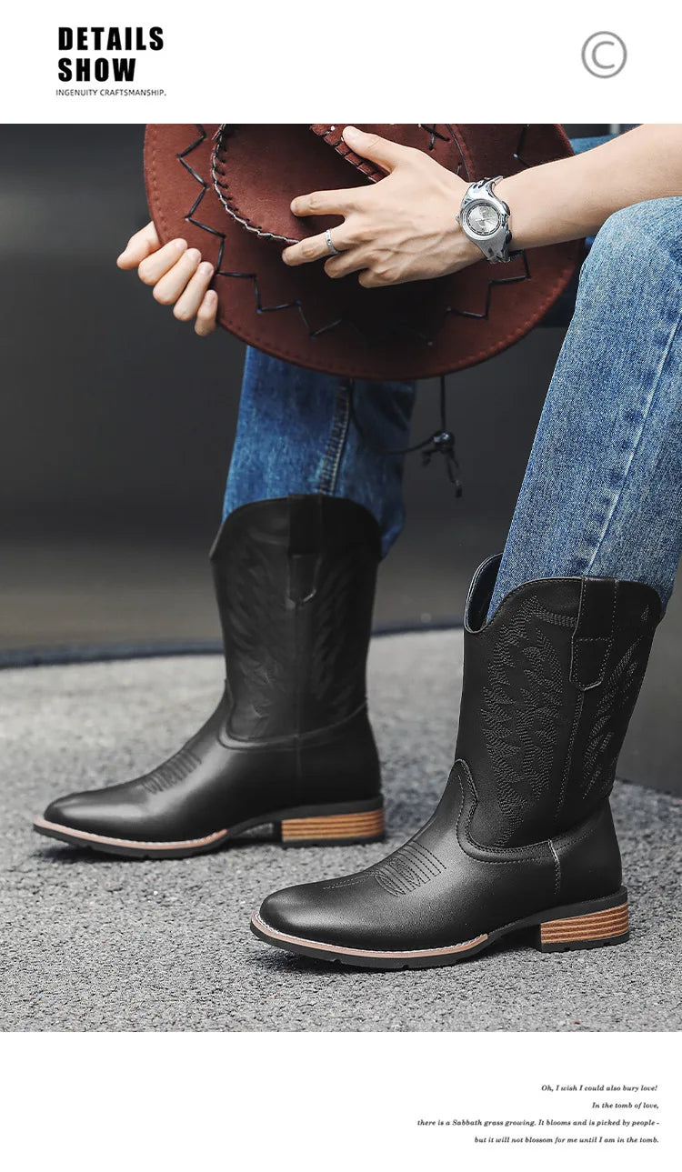 Vintage Embroidery Men's Cowboy Boots High Top Motorcycle Boots Men Shoes Fashion Square Toe Warm Boots