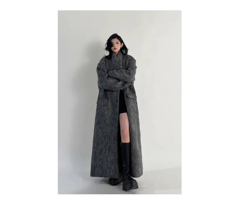 Lautaro Autumn Winter Clothes Women Oversized Extra Long Casual Warm Grey Wool & Blends Coat Women Maxi Fluffy Woolen Overcoat