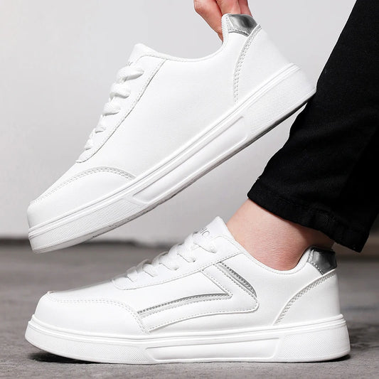White Sports Shoes for Women Lace Up Sports Leisure Board Shoe Stylish Low Top Bling Skateboard Sneakers Casual Pu Leather Shoes