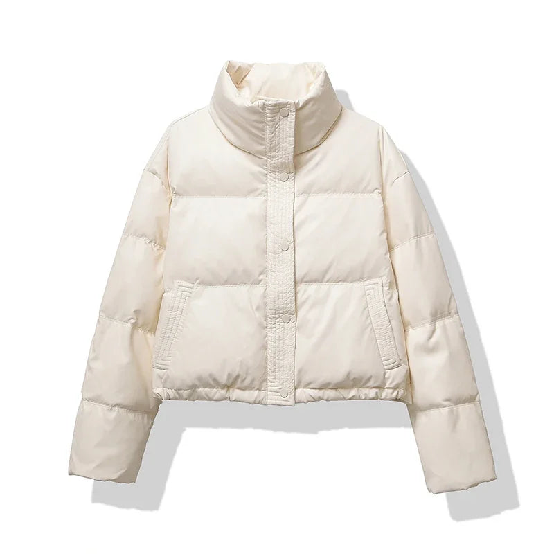 HELIAR Women Thickened Mock Neck Cotton-padded Jacket Single Breasted Pocket Casual Down Coat Winter Warm Loose Short Coat Fall