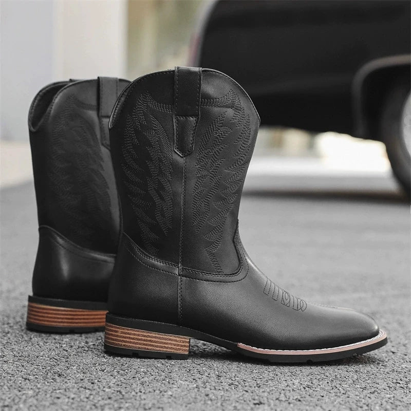 Vintage Embroidery Men's Cowboy Boots High Top Motorcycle Boots Men Shoes Fashion Square Toe Warm Boots