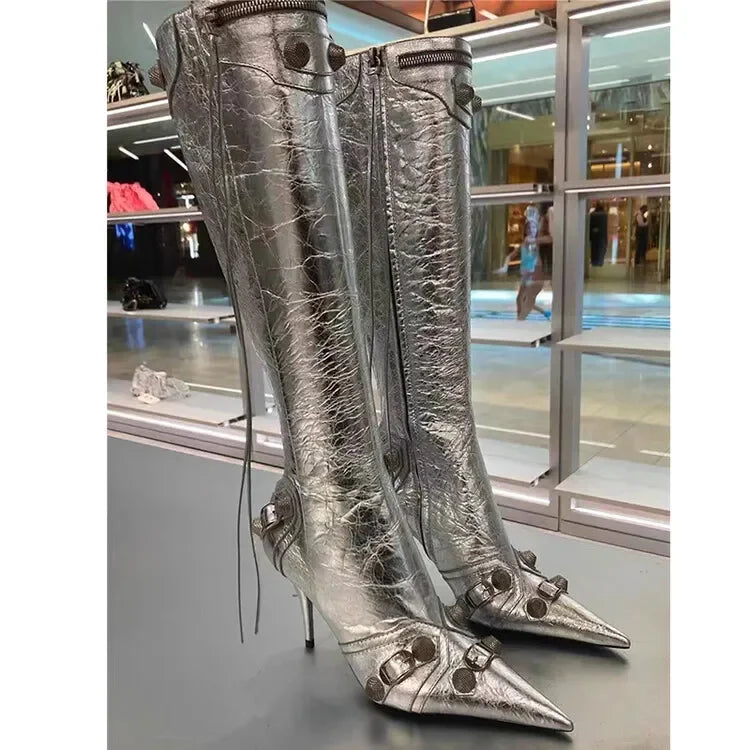 New 2024 Brand Design Knee High Boots Fashion Rivet Pointed Thin Heel Women's Boots 34-43 Fashion Hot Girls Denim Model Boots