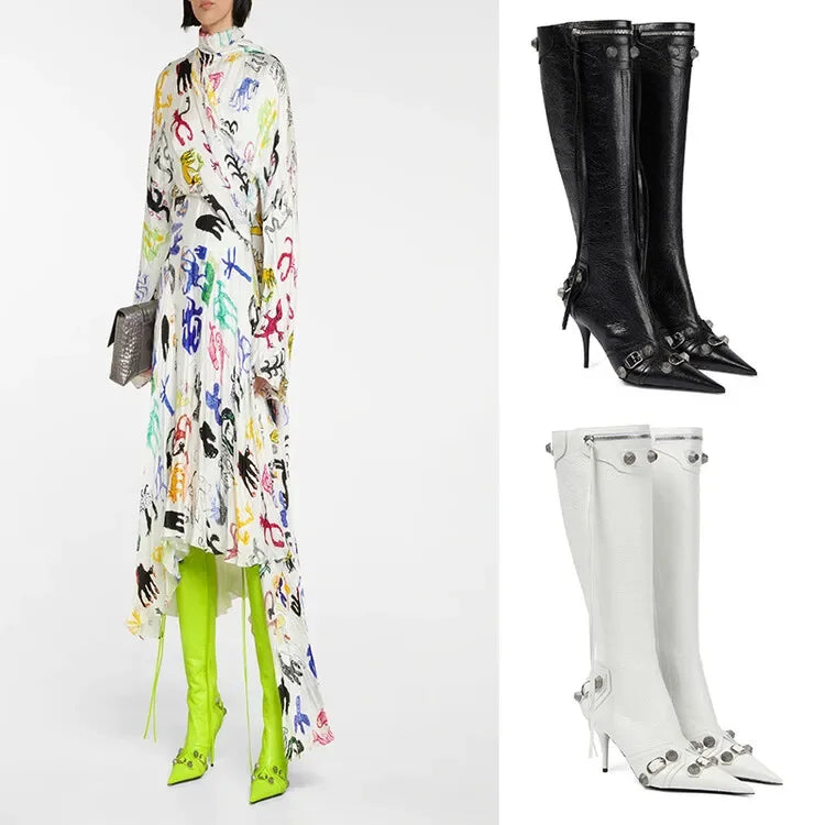 New 2024 Brand Design Knee High Boots Fashion Rivet Pointed Thin Heel Women's Boots 34-43 Fashion Hot Girls Denim Model Boots