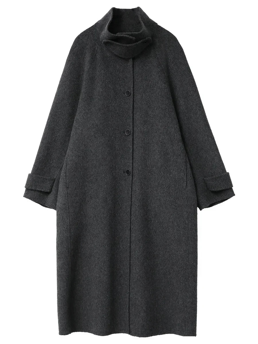 CHIC VEN Korean Women Woolen Coat Single Breasted Loose Stand Collar Belt Long Double-sided Ladies Overcoat Autumn Winter 2024