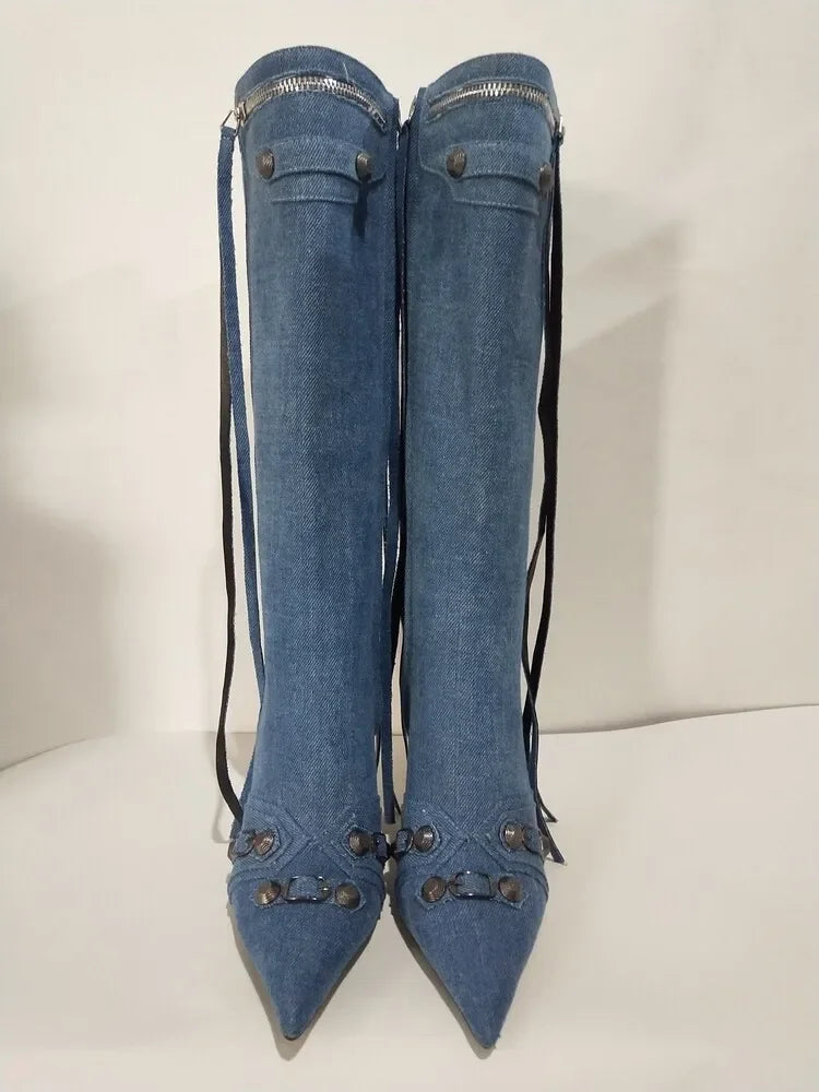 New 2024 Brand Design Knee High Boots Fashion Rivet Pointed Thin Heel Women's Boots 34-43 Fashion Hot Girls Denim Model Boots