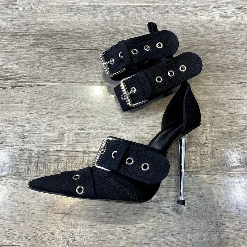 Blue Denim Metal Rivet Buckle Silvery Over Knee Boots Women Sexy Punk Style Silver Belt Buckle 12cm High Heel Sandals Size 34-43