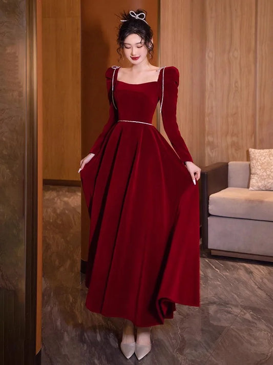 Mauroicardi Long Birthday Party Evening Soft Velvet Maxi Dresses for Women Puff Sleeve Square Neck Luxury Elegant Chic Clothing