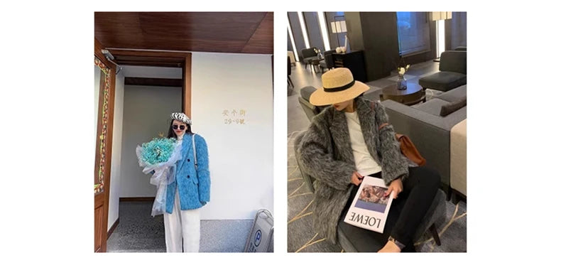 Lautaro Winter Long Blue Fluffy Oversized Warm Wool & blends Coat for Women Single Button Pockets Luxury Clothes Woolen Overcoat