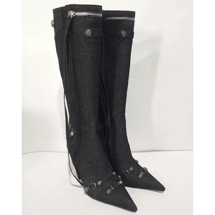 New 2024 Brand Design Knee High Boots Fashion Rivet Pointed Thin Heel Women's Boots 34-43 Fashion Hot Girls Denim Model Boots
