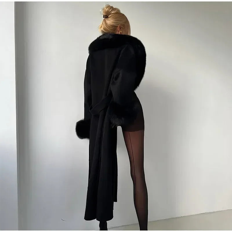 Retro Black Fur Patchwork Woolen Coat Women Chic Full Sleeve V-neck Lace Up Loose Long Overcoat 2025 Lady Winter Commute Outwear