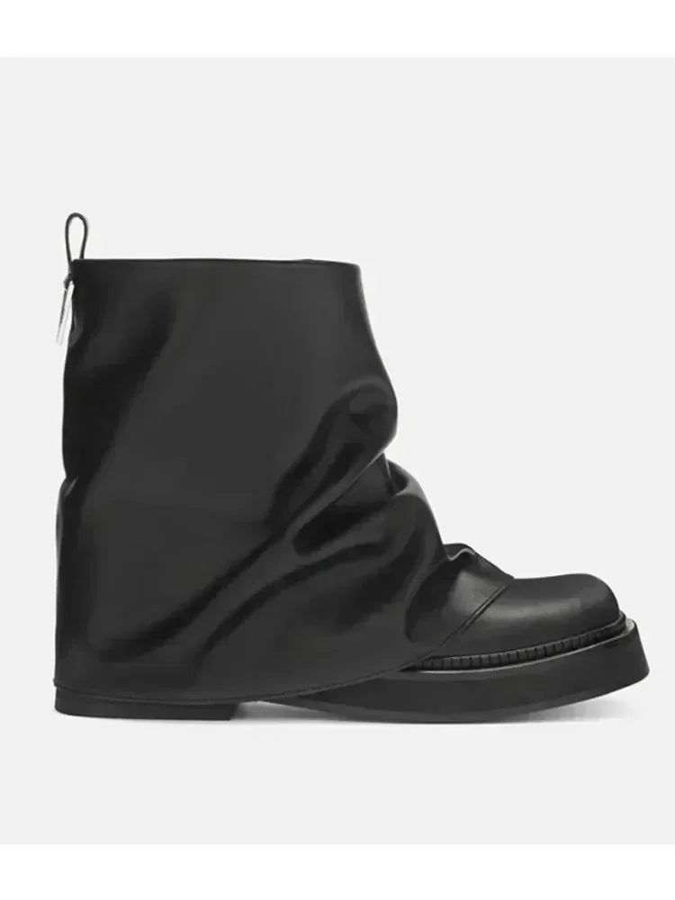 Women's New Autumn and Winter Calf Boots with Pleated Thick High Heels and Fashionable Oversized Street Leather Mid Leg Boots
