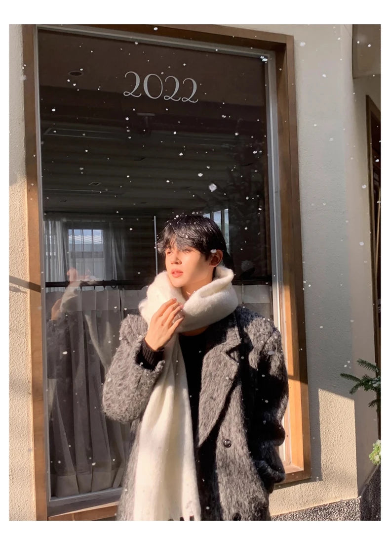 Mauroicardi Autumn Winter Oversized Long Thicken Warm Grey Woolen Coat Men Shoulder Pads Double Breasted Wool & Blends Overcoat
