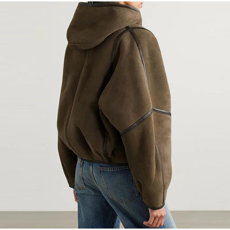 Hooded Patchwork Leather Jacket Woman Solid Color Long Sleeves Loose Single Breasted Coat Casual Street Women's New Warm Jackets