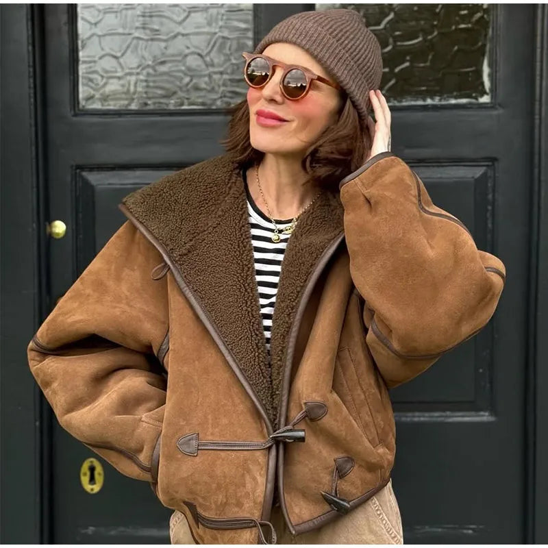 Hooded Patchwork Leather Jacket Woman Solid Color Long Sleeves Loose Single Breasted Coat Casual Street Women's New Warm Jackets