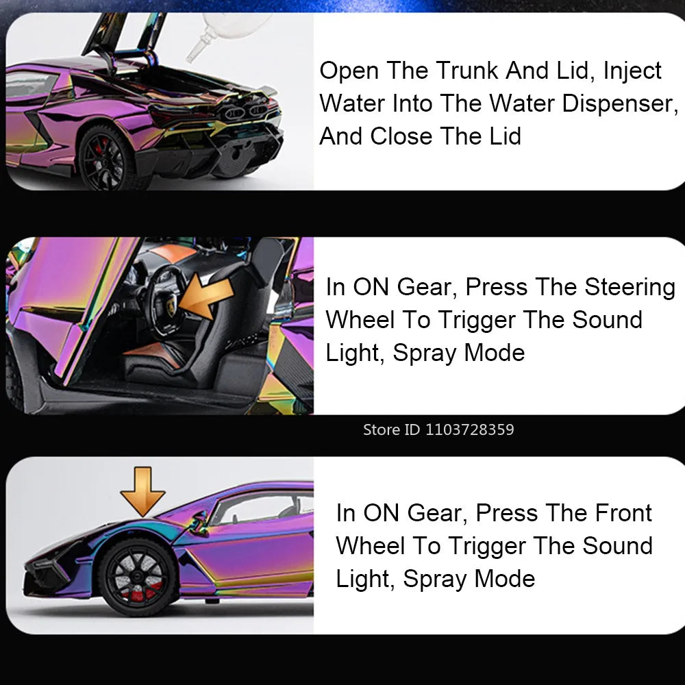 1:24 Scale REVUELTO Miniature Model Toy Sports Cars Alloy Diecast Supercars Sound Light Doors Opened Pull Back for Kids Gifts