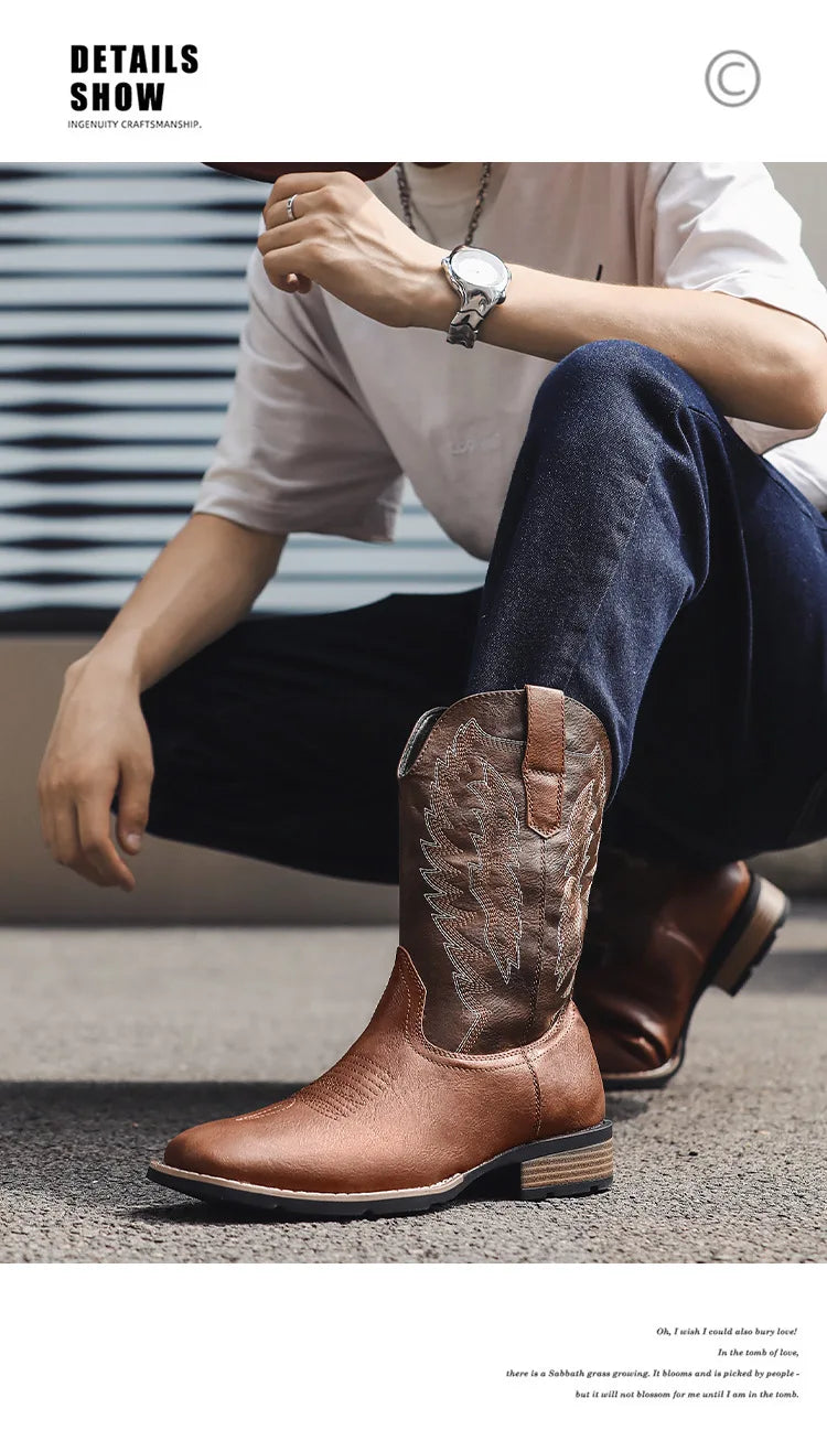 Vintage Embroidery Men's Cowboy Boots High Top Motorcycle Boots Men Shoes Fashion Square Toe Warm Boots