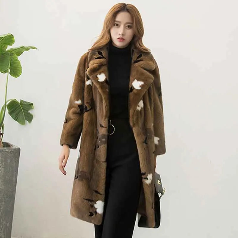 Ftangaiur New Winter Import Velvet Mink Fur Coat Long Sleeve Women Turn-Down Collar Pure Color Medium Natural Mink Fur Coats