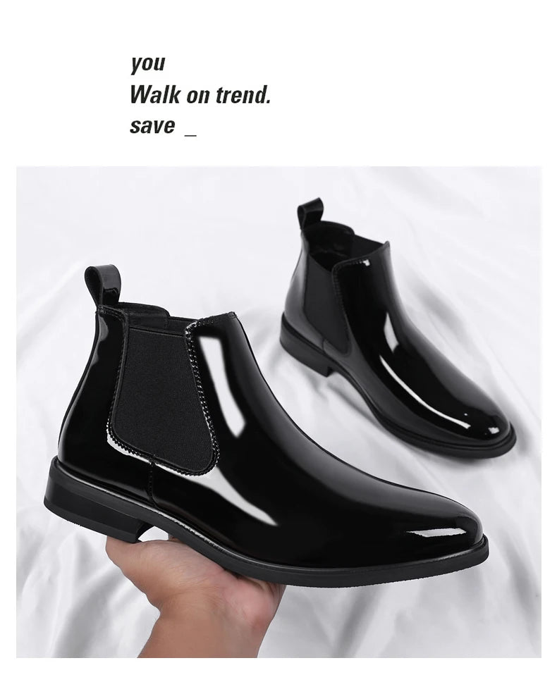 Height Increase Men's Shiny Leather Boots Pointed Formal Elevator Shoes Office Business Snow Boots Chelsea Winter Cotton Boots