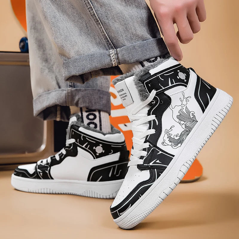 Mens Board Shoes 2025 New Winter Warm Anti Slip Thick Soled Outdoor Casual Sneakers Fashion High Top Lace Up Flat Walking Shoes