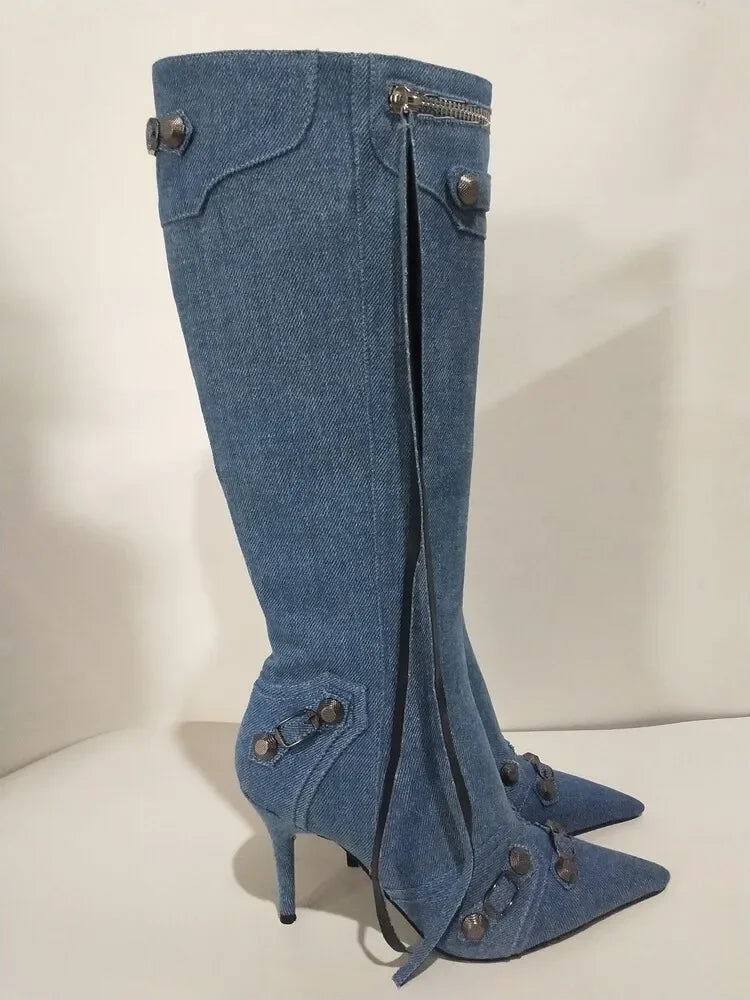 New 2024 Brand Design Knee High Boots Fashion Rivet Pointed Thin Heel Women's Boots 34-43 Fashion Hot Girls Denim Model Boots