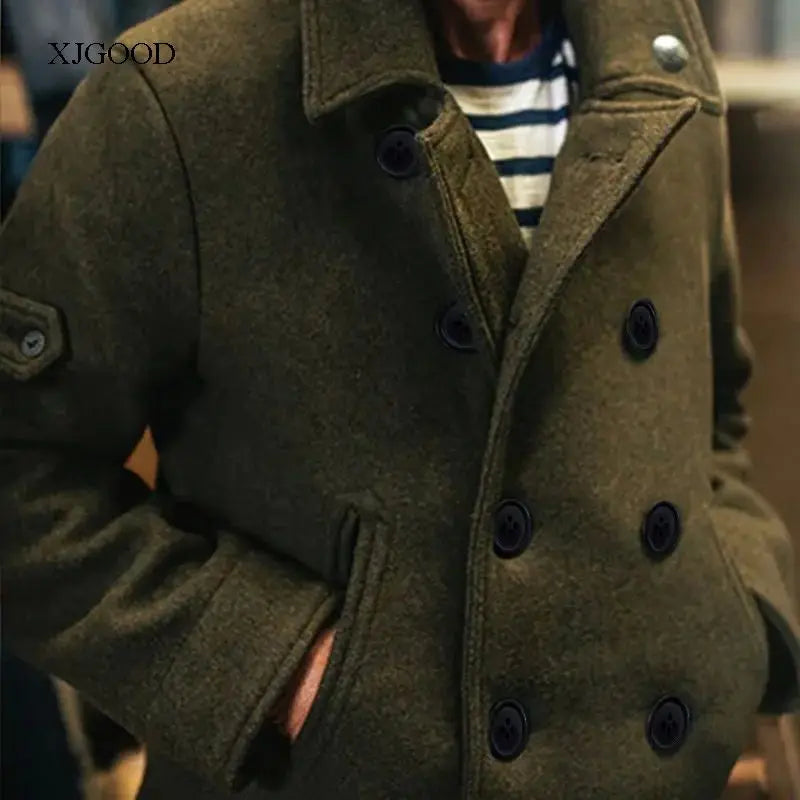 Men's Pure Color Woolen Coat with Buttoned Collar ort Sve V-Ne Outerwear for Young Men in Autumn Season