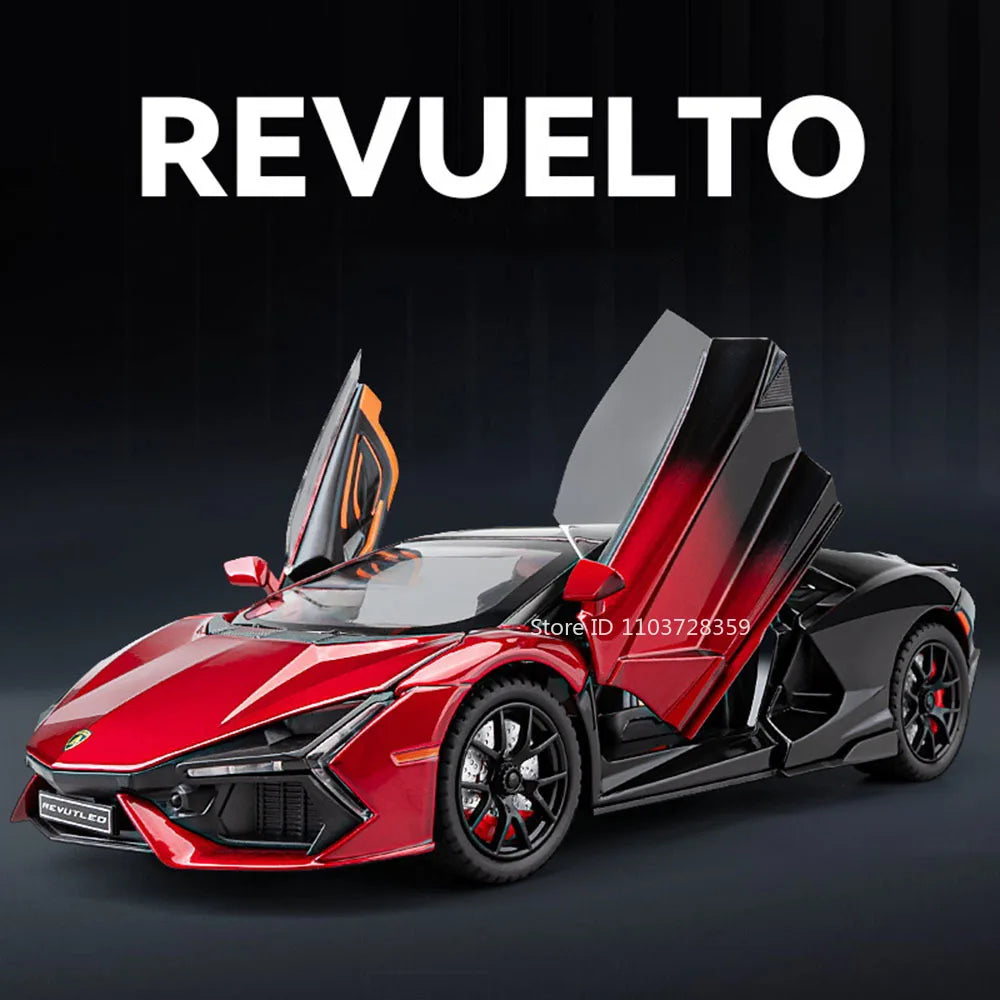 1:24 Scale REVUELTO Miniature Model Toy Sports Cars Alloy Diecast Supercars Sound Light Doors Opened Pull Back for Kids Gifts