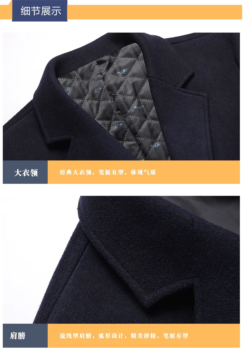 Winter Autumn Men's Timeless Woolen Overcoat Grey Navy Black Burgundy Notched Collar Design Cashmere Coat Plus Size Menswear