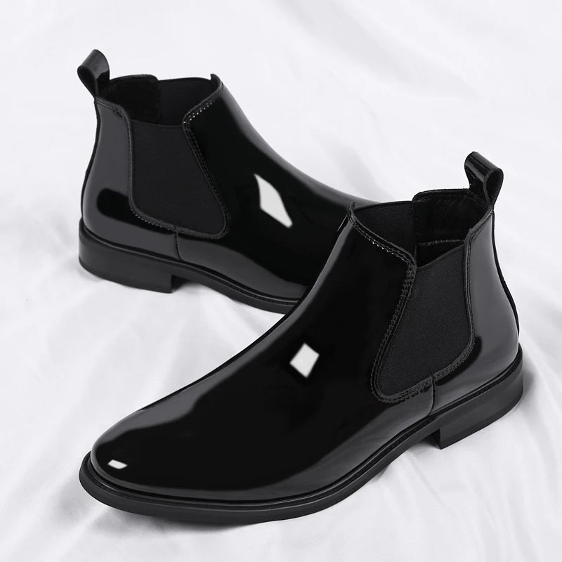 Height Increase Men's Shiny Leather Boots Pointed Formal Elevator Shoes Office Business Snow Boots Chelsea Winter Cotton Boots
