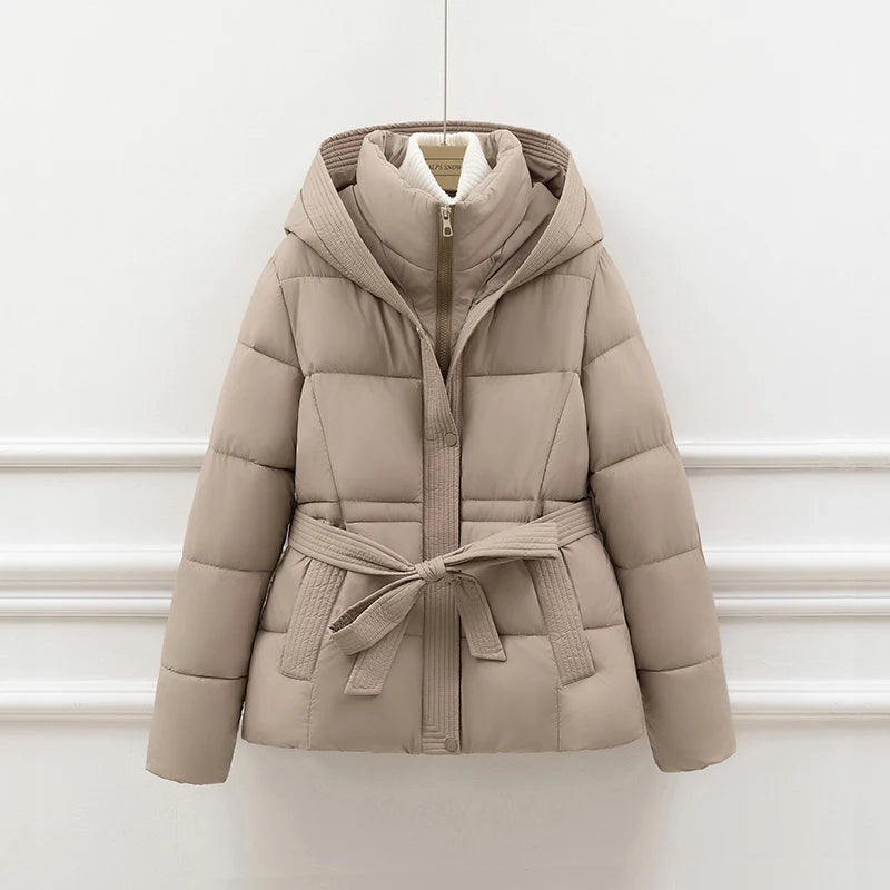 ort Padded Cotton Jaet Women Thiened Winter Coat with Hoodie Slimming Design Waist-Cinching Trendy Outerwear