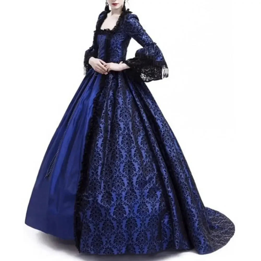 Women Vintage Medieval Gothic Square Neck Flare Sleeve Lace Patchwork Maxi Dress  bodycon dress  dresses