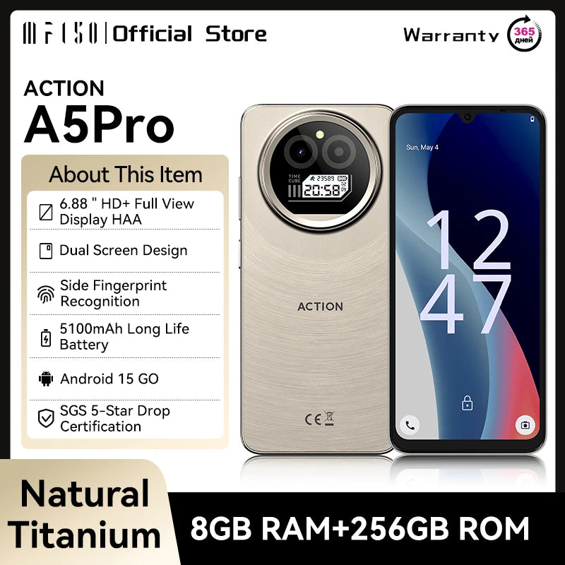 IIIF150 Action A5Pro Phone Android 15 Smartphone 8GB RAM 256GB ROM 6.8inch HD+ HAA Display Dual Screen Design 5100mAh Battery