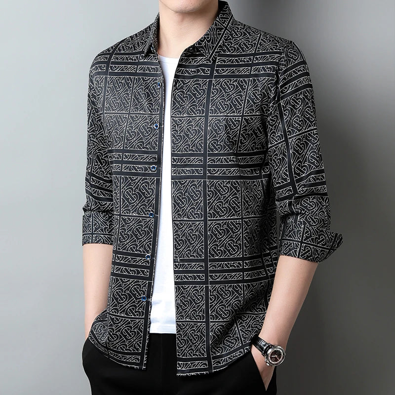 New Men's Casual Printed Long Sleeved Lapel Shirt for Spring and Autumn Fashion Comfortable Wrinkle Free Top Without Ironing