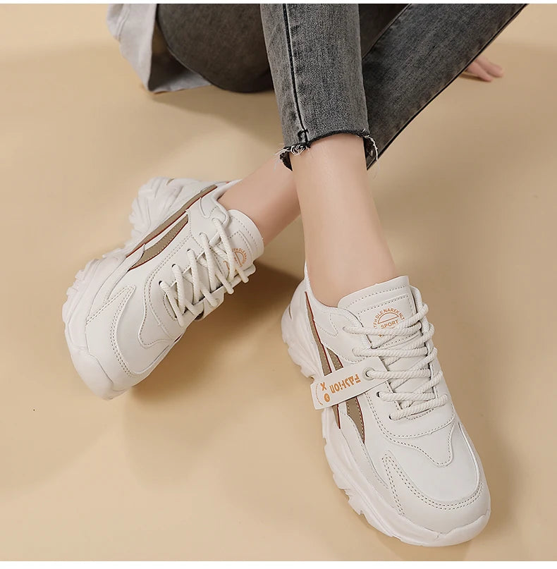 Casual Leather Sneakers for Women Autumn Winter Comfortable Walking Shoes Fashion Patchwork Thick Bottom Sports Shoes Female