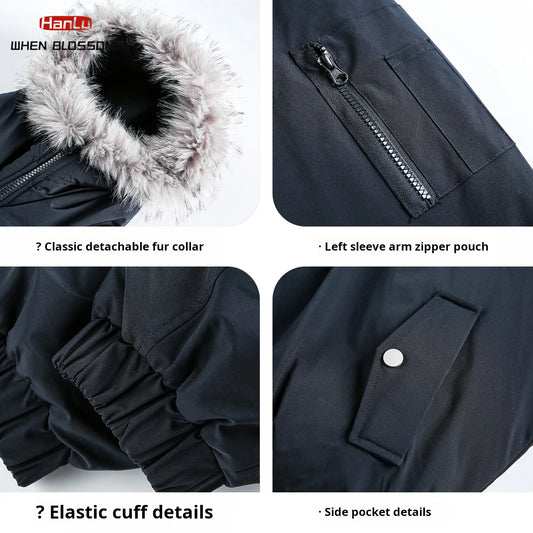 HANGRY 2025 Men's Detachable Fur Hood Parka Short Box Quilted Jacket Water-Resistant Workwear Winter Coat Thermal Insulated