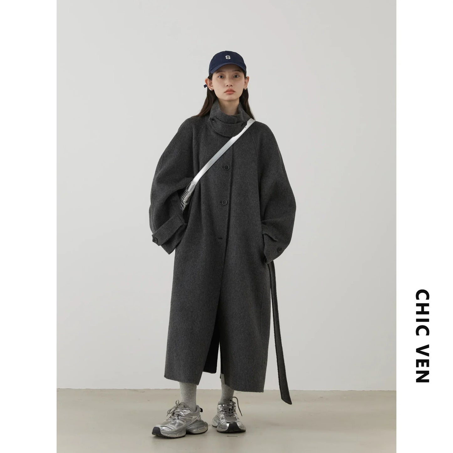 CHIC VEN Korean Women Woolen Coat Single Breasted Loose Stand Collar Belt Long Double-sided Ladies Overcoat Autumn Winter 2024