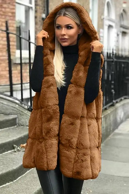 Women Autumn Winter Ladies New Imitation Fur Hooded Vest Hooded Imitation Fur Vest