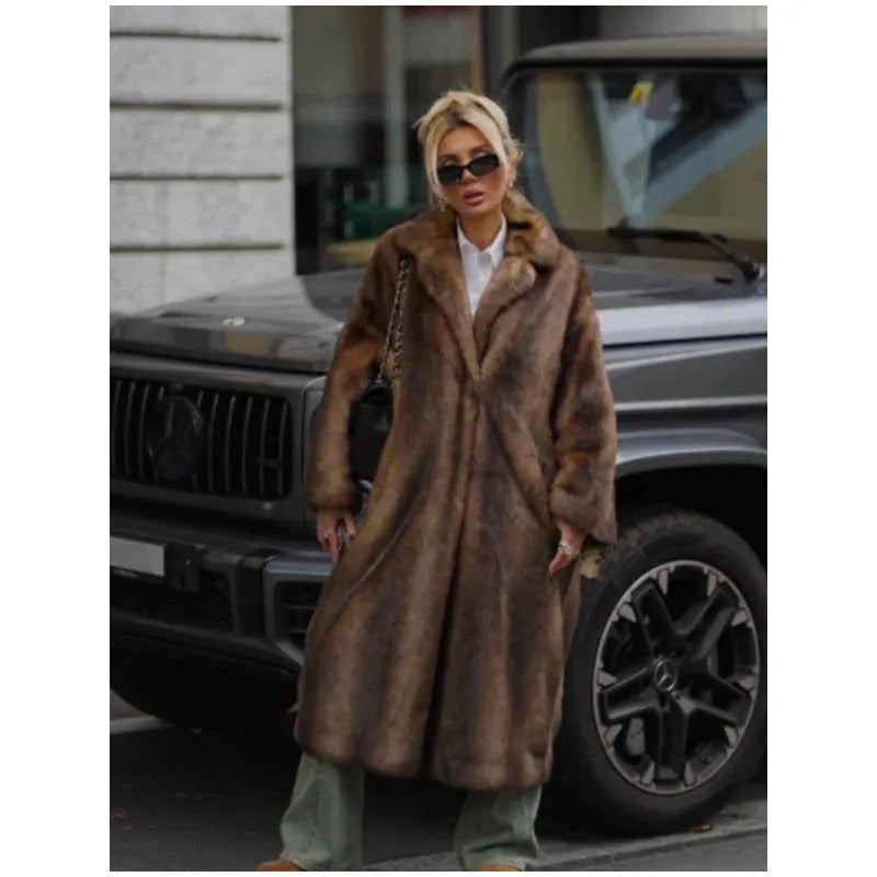 Woman Mixed Color Long Faux Fur Coat Fashion Lapel Collar Full Sleeve Loose Overcoat 2025 Winter Lady Warm High Street Outwear