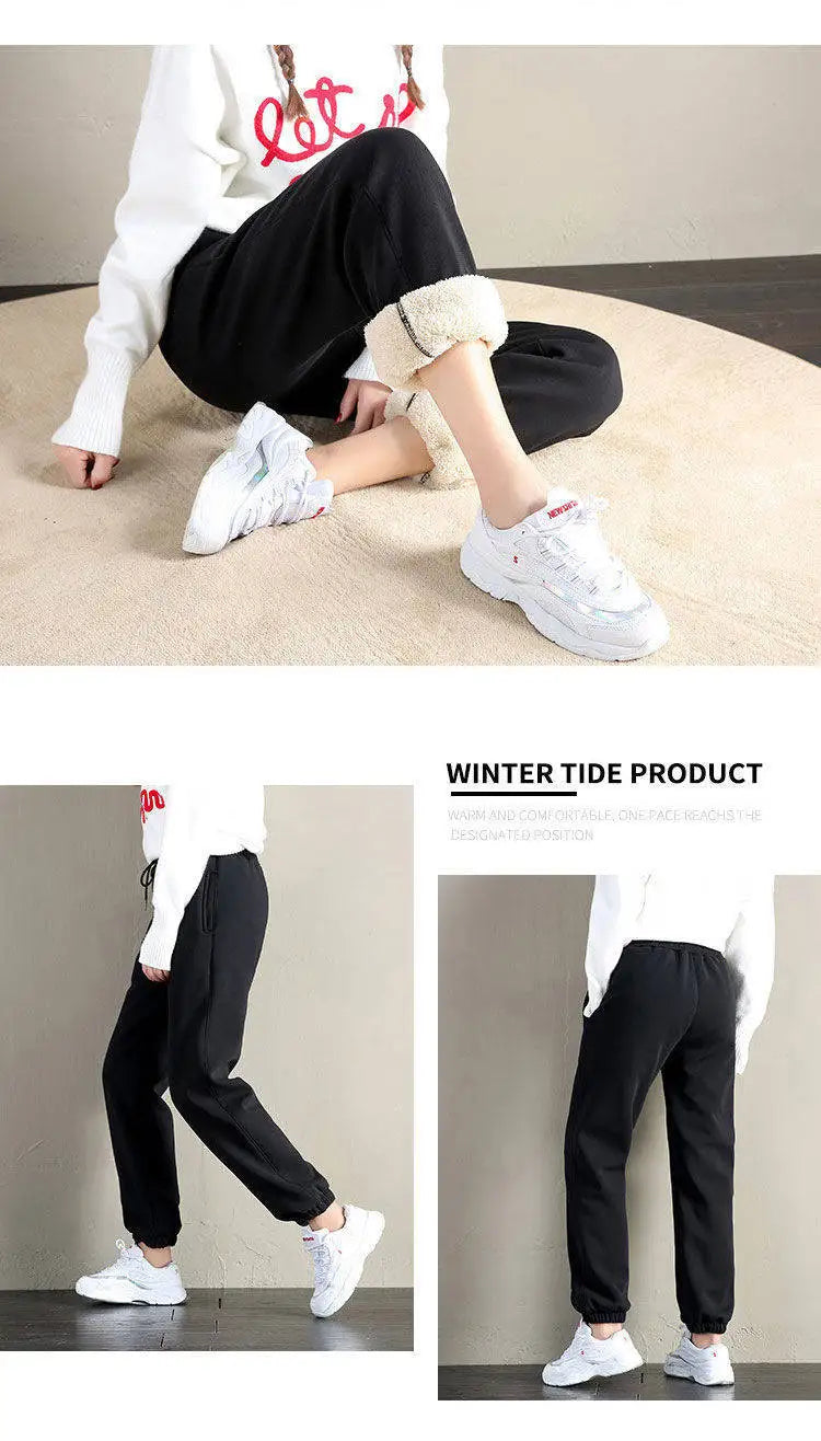 Women's Fleece Lined Joggers Winter Plush Pants High Waist Adjustable Drawstring Lounge Street Comfortable Casual Trousers