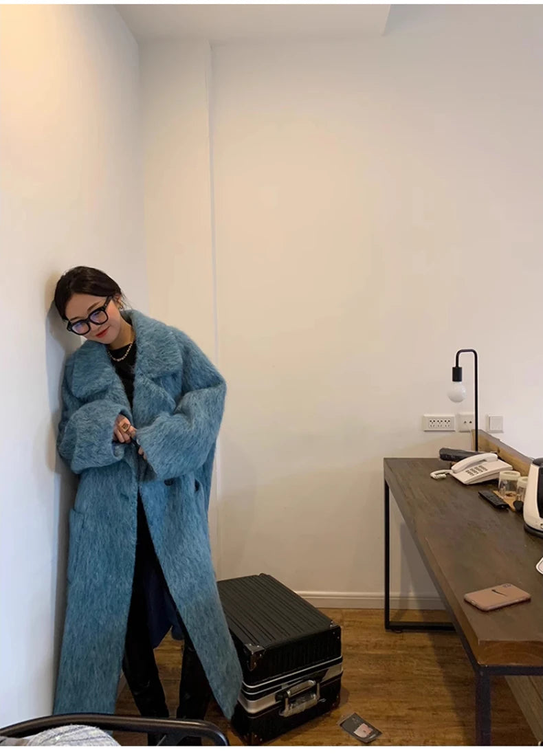 Lautaro Winter Long Blue Fluffy Oversized Warm Wool & blends Coat for Women Single Button Pockets Luxury Clothes Woolen Overcoat