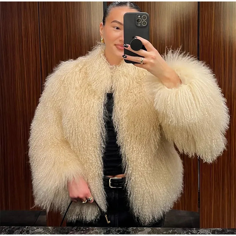 Fashion Solid Plush Faux Fur Coat Women Elegant Warm Long Sleeves Loose Jacket 2025 Lady Winter Chic High Street Outerwear ﻿