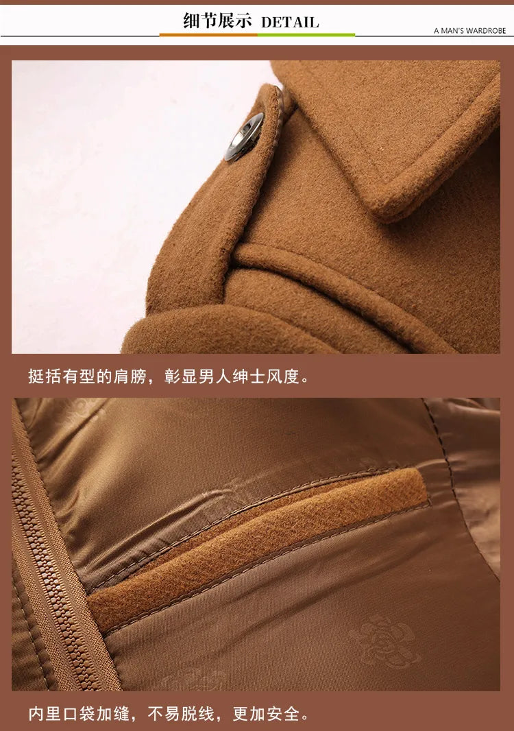 Men's Autumn Winter Fashion High-End Atmosphere Long Thickened Wool Overcoat Middle-Aged Men's Stylish Woolen Coat